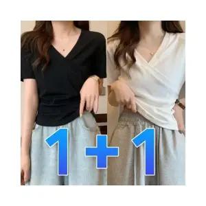 루미나D 여성 1+1 브이넥 반팔티 셔링 스판 랩 무지 티셔츠