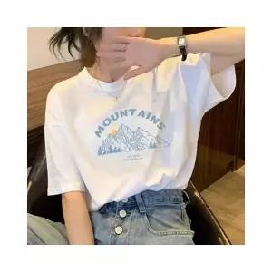 ( )루미나D 여름 여성 면 프린팅 레터링 흰 반팔 티 셔츠 마운틴