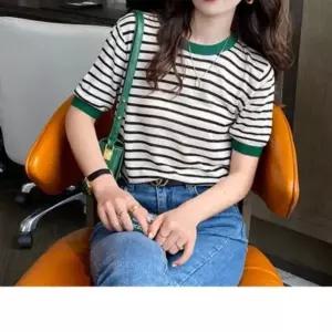 배색 스트라이프 반팔 여름니트 여름 캐주얼룩 편안한티셔츠 반팔티 니트