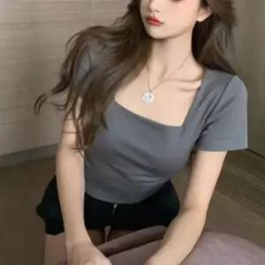 여성 스퀘어넥 슬림핏 크롭 반팔 여름 캡소매 티셔츠 짧은 반팔티