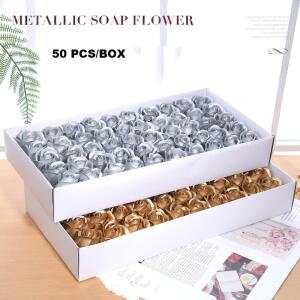 꽃다발 50Pcs 황금 비누 꽃 장미 머리 DIY 선물 상자 장식 발렌타인 데이 결혼식 인공