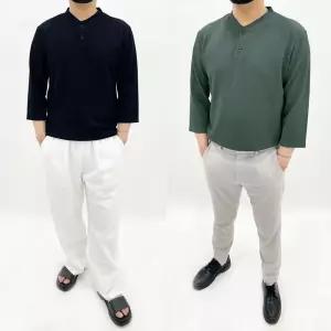 남자 남성 여름 헨리넥 라운드 반팔 티셔츠 엠보 7부 기본핏 빅사이즈 캐주얼 클린 헨리넥 7부 티셔츠