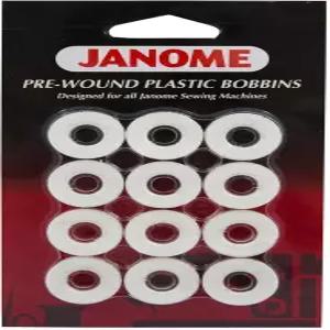Janome 12 팩 미리 감긴 플라스틱 보빈스 화이트 실 80야드 폴리에스터