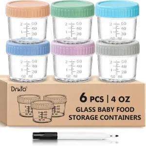 DRKIO 6팩 유리 이유식 보관 용기 4온스 누수 방지 BPA 프리 전자레인지 식기세척기 냉동고 사용 가능 세트