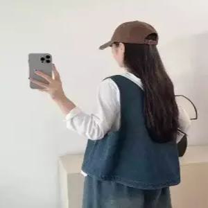 여사친 빈티지 캐주얼 청 추천각 조끼 순정 라운드 싱글 투포켓 민소매 톱 OOTD1