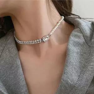 [룽스_65]크리스탈 패션 초커 레이어드 롱진주목걸이 목