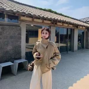 카키 여친 가을 트렌디 아이템 코트 트렌치 차이나 쇼트 더블 HT3