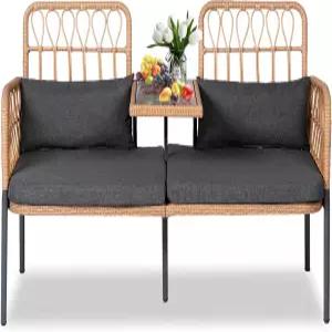 프로하이커 파티오 가구 야외 라탄 러브시트 2인용 테이블 요추 베개 및 쿠션 발코니 잔디밭 뒷마당을 위한