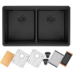 YETCREST 32인치 블랙 싱크 더블 스테인리스 50 50 언더마운트 게이지 16