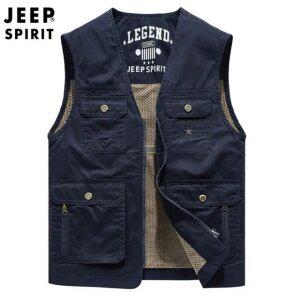 JEEP SPIRIT 봄 가을 남성 캐주얼 V넥 조끼 대형 사이즈 멀티 포켓 조끼