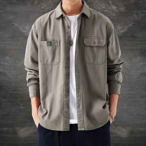 남성 봄 가을 캐주얼 순면 긴팔 셔츠 남성 재킷 회색 M (50-60KG)