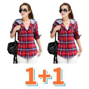 1+1 봄 여성 후드 체크 남방 면 슬림핏 긴팔 코트 01. M