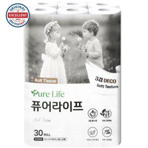 순수크린 퓨어라이프 천연펄프100% 롤화장지 30mX30롤 (1팩,2팩)