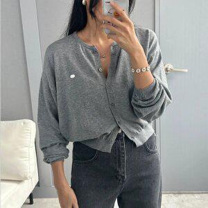 여자 간절기 숏 니트가디건 루즈핏 면 기본 크롭가디건