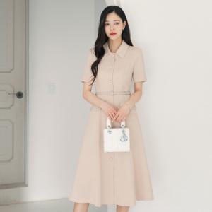 [시크라인] (~XXL까지) 첼라이 카라 진주버튼 플레어 벨트 원피스 여름 하객룩 오피스룩 데이트 모임 미시 빅사이즈