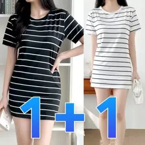 1+1 여성 미니 원피스 줄무늬 여름 데일리 스커트