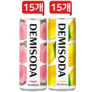 데미소다 탄산 캔음료 250ml 2종 각 15개씩 혼합세트(복숭아+레몬)