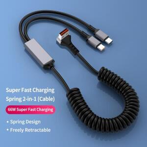 90도 직각 코일 USB A to C타입 고속 충전 멀티 케이블 2 in 1 접이식 (아이폰 호환 16, 삼성 S25 호환)