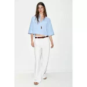국내배송 자라 ZARA 스트라이프 플랩 크롭 셔츠 - 화이트 하늘색 957039