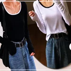 여자 라운드넥 배색 세미 크롭 짧은 긴팔티셔츠 슬림 가을니트 여성 3WD9A7D920