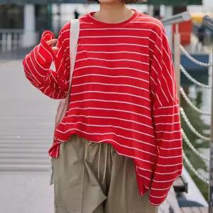 스트라이프 오버핏 박스 긴팔 티셔츠 옆트임 라운드넥 여성 빅사이즈