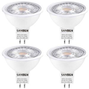 SANSUN 5W MR16 LED 경관 조명 전구, 실외 스포트라이트 및 실내 트랙 라이트를 위한 저전압 12V 50W 할로겐 교체, GU5.3 바이핀 베이스, 웜 화이트 2700K, 비디밍 가능(4팩)