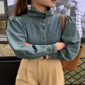  청남방 코디 여성 워싱 데님 셔츠 긴팔 하이넥 귀여운 블라우스 퍼프소매 루즈핏 캐주얼