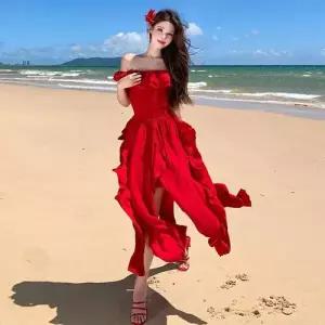 여친 원피스 레드 해변 노스웨스턴 롱스커트 언밸런스 어깨 여행 바캉스룩 일자 사막 쉬폰 1PICK1