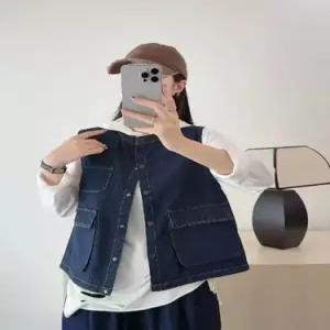 볼사스 여성용 청 가을 캐주얼 빈티지 조끼 아우터 민소매 라운드 나시 탑 ADOR3