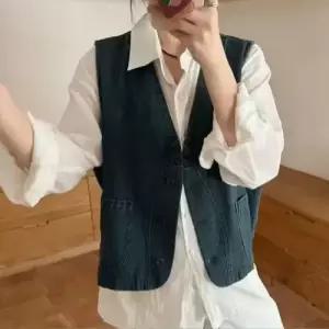 볼사스 여성용 청 빈티지 캐주얼 민소매 조끼 나시 브이넥 ADOR1