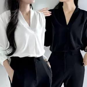 [하프클럽/]브이컷 시폰 상의 포멀룩 클래식룩 와이셔츠 격식룩 쉬어소재