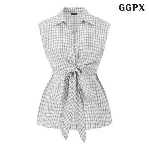 [GGPX]썸머 빈티지 체크 카라 허리 끈 민소매 셔츠 (GQBBA040D)