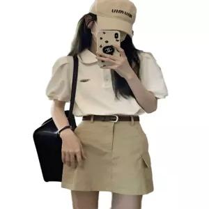 카라반팔티 퍼프소매 무지  깔끔한 티셔츠 루즈핏 니트 여름 빅 사이즈 크롭 빅카라