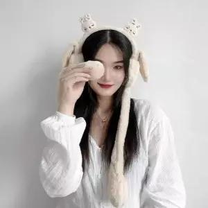 움직이는 토끼 베이지 귀마개 쫑긋 니트귀도리 털 귀마개