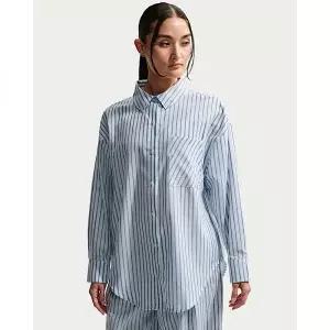 NIKE 나이키 스포츠웨어 칠 포플린 여성용 오버사이즈 우븐 긴팔 스트라이프 탑 - 미스틱 네이비하이드로젠