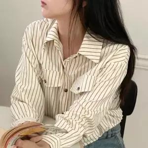 여자 스트라이프 크롭 스트링 페이크포켓 긴팔 셔츠_5