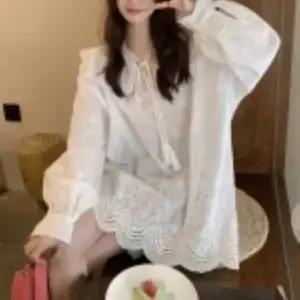 여자 자수 레이스 펀칭 코튼 카라 루즈핏 흰 블라우스_5