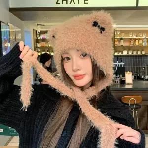 뽀글이 고양이 털 뽀글이 리본 귀마개 귀도리 모자 벙거지