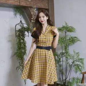 TBZ 교복몰 옐로우 체크 벨트 원피스 레트로 복고의상