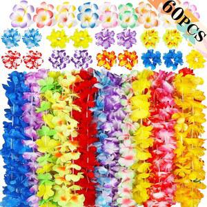 60PCS 하와이안 열대 하와이 장식 세트 목걸이 레이스 루아우 용품 레이 생일 파티