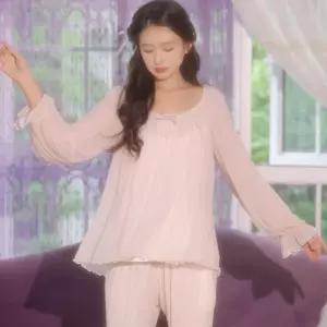 픽호샵 망사 커플 잠옷세트 클래식 라운드 모달 공주풍 잠옷 레이스 긴팔바지 홈웨어 세트 꾹1