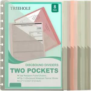 8 PCS 디스크바운드 분할기 글자 크기 플래너 2 포켓 핏 8.5 x 11 있는 종이 노트북 폴더 오피스 홈스쿨용