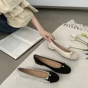 여성 3컬러 앞코 배색 포인트 쿠셔닝 리본 플랫슈즈 여성플랫 여자플랫 하객구두 하객플랫