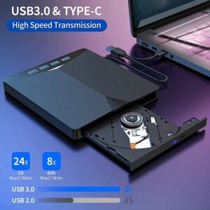 CD롬 플레이어 슬림 IN 외장형 CD DVD 드라이브 고속 8X 버너 리더 24X USB3 백업 PC 노트북 엔터테인먼트용 데이터
