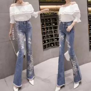 스판청바지 데님바지 청바지 4675 스판 플라워패치 반 yQz2+5IBe