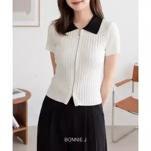 [BONNIE J]슬림핏 세로골지 카라 반팔 집업 3컬러 데일리 니트 집업 반팔티 베이직 하프집업