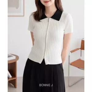 [하프클럽/]슬림핏 세로골지 카라 반팔 집업 3컬러 데일리 니트 집업 반팔티