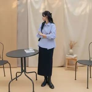 [옷자락]여성 세로줄무늬 카라셔츠 스트랩포인트 남방 단가라_P423308828
