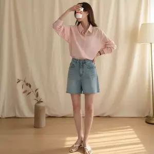 [옷자락]여성 심플 카라넥 시스루 언발 오버셔츠 남방 비침_P423308852
