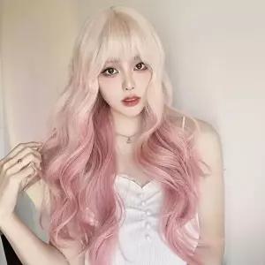 핑크 롱 웨이브 통가발 긴머리가발 파티가발 촬영가발 코스프레가발-WFNUH71